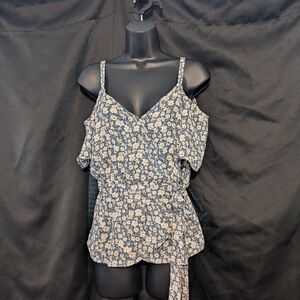 122. Sienna Sky Floral Wrap Blouse in Navy and Cream